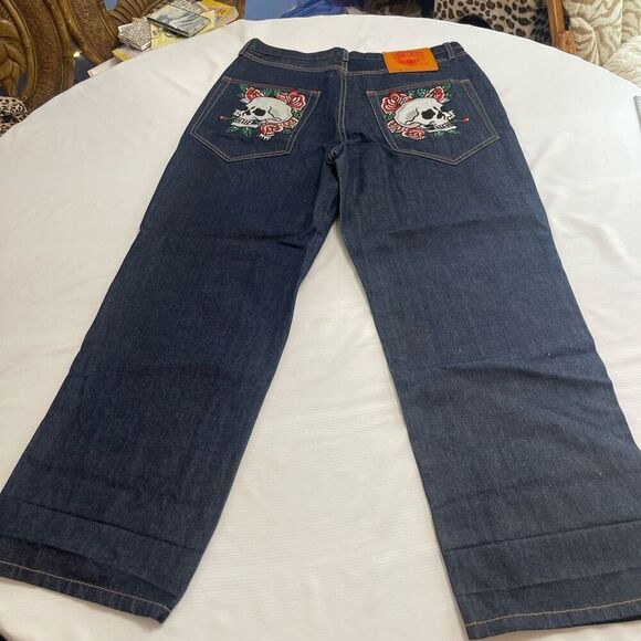 Ed Hardy Dark Blue Embroidered Skull Denim Jeans Size 38 X 30 - Picture 7 of 8